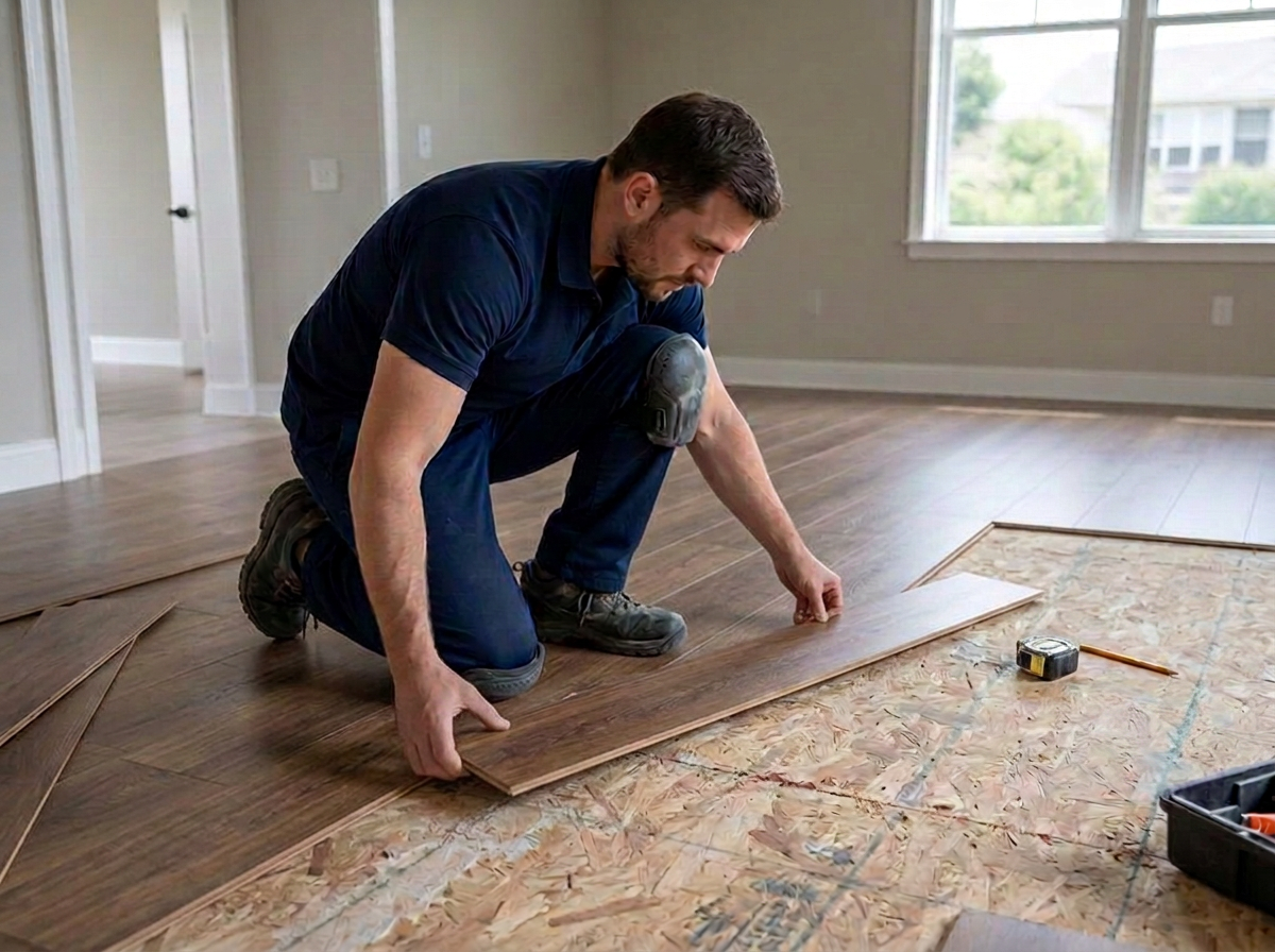 Flooring installer measuring a wood plank over exposed subfloor in a metro Atlanta home