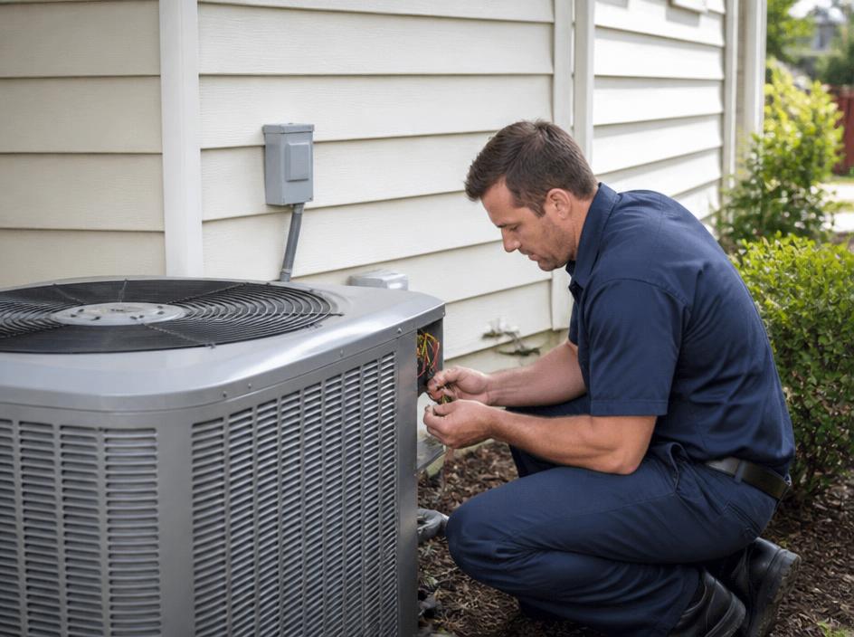 HVAC technician servicing an outdoor AC unit at a suburban Atlanta home