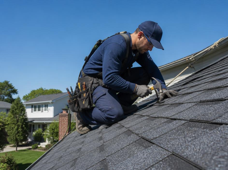 Roofer repairing asphalt shingles on a metro Atlanta home roof